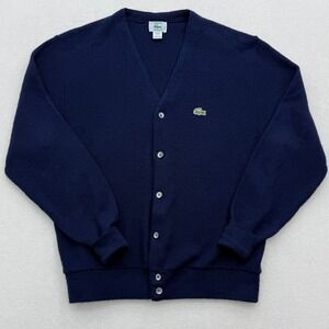 Vtg IZOD Lacoste Mens Size L Large Navy Blue V Neck Cardigan Sweater Acrylic USA